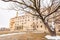 Overcast view of a snowy garden with Survival Tree of Oklahoma City National Memorial and Museum