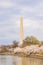 Overcast view of the Washington Monument with cherry blossom