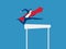 Overcome obstacles and success concept. Businessman holding red arrow jumping over hurdle race obstacle