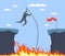 Overcoming obstacles. Calculation of their forces. Achieving the goal. Businessman jumping over abyss with fire. Hard