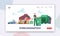 Overconsumption Landing Page Template. Family or Customers Characters Load Goods from Car to Home Full of Useless Things