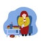 Overeating, depression, and eating disorder. Fat woman sitting in front of the tv and eating fast food. Vector flat
