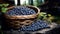 Overflowing basket of blueberries on wooden surface