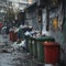 Overflowing garbage containers and bags clutter urban street corner