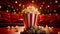 Overflowing Golden Popcorn Cup and Red Velvet Cinema Seat in Authentic Cinematic Setting. Generative Ai