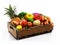 Overflowing with natures bounty. Studio shot of a box full of fresh vegetables and fruit against a white background.