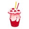 Overflowing red smoothie with straws and cherry toppings in a glass. Delicious frozen dessert vector illustration