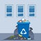 Overflowing trash can. Food garbage in waste bin with nasty smell. Rubbish dump and trash recycling, black bags with trash. Vector