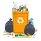 Overflowing trash can. Food garbage in waste bin with nasty smell. Rubbish dump and trash recycling vector isolated