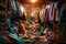 Overflowing wardrobe with assorted clothing and accessories