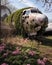 Overgrown ivy creeps over an old warplane as pink tulips take root around it. Abandoned landscape. AI generation