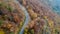 Overhead aerial top view over curve road bend in colorful countryside autumn forest.Fall orange,green,yellow,red tree