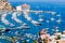 Overhead bay view of Avalon harbor with casino, pleasure pier, sailboats and yachts on Santa Catalina island vacation in Californi