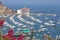 Overhead bay view of Avalon harbor with casino, pleasure pier, sailboats and yachts on Santa Catalina island vacation in Californi