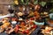 Overhead of dinner table. Assorted grilled barbecue meat and sea