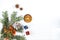 OVERHEAD FIR BRANCH AND MANY CHRISTMAS DECOR ORNAMENT IN CORNER