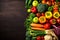 overhead food dark ingredient background table fresh vegetable vegetarian healthy cooking. Generative AI.