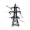 Overhead high voltage transmission line tower.