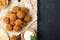 Overhead image of arabic snack falafel in the form of chickpea balls with spices