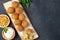 Overhead image of arabic snack falafel in the form of chickpea balls with spices