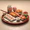 Overhead japanese sushi food. Maki ands rolls with tuna, salmon, shrimp, crab and avocado. Top view of assorted sushi.