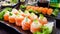 Overhead japanese sushi food.  rolls with salmon and avocado, all you can eat menu, Sushi roll japanese food in restaurant