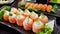 Overhead japanese sushi food.  rolls with salmon and avocado, all you can eat menu, Sushi roll japanese food in restaurant