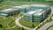 An overhead perspective of a sizable building featuring numerous windows, Biotech research facility from a bird\\\'s eye view