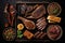 Overhead photograph of a BBQ with the meats neatly arranged on the grill as a knolling