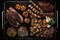 Overhead photograph of a BBQ with the meats neatly arranged on the grill as a knolling