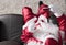 Overhead of Santa Claus relaxing in sofa at home Using cell phone for communication and leisure. Having a videocall or taking a s