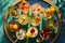 overhead shot of assorted cocktails on poolside tray