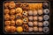 an overhead shot of a baking tray with an assortment of freshly baked pastries