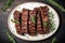 overhead shot of bbq beef ribs on a ceramic plate