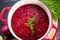 overhead shot of borscht in large cooking pot with lid