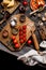 Overhead shot of branch ripe cherry tomatoes on wooden board