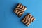 Overhead shot of delicious square biscuits with chocolate cream on a blue background