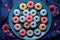 overhead shot of donuts arranged on a blue plate