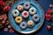 overhead shot of donuts arranged on a blue plate