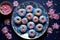 overhead shot of donuts arranged on a blue plate