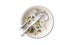 Overhead shot of an empty plate with leftovers from a meal on a white background