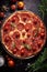 overhead shot of a freshly baked pepperoni pizza