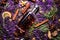 overhead shot of gin bottle surrounded by botanicals