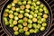 overhead shot of a grill filled with smoky brussels sprouts