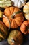 Overhead shot of a group of decorative Pumpkins and Gourds