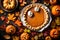 An overhead shot of a homemade pumpkin pie with a perfectly golden crust,
