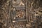 Overhead shot of nuts collected by a squirrel in a wooden square on a park floor