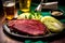 An overhead shot of a plate of traditional Irish corned beef and cabbage with a green beer in the background. Generative AI