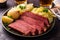 An overhead shot of a plate of traditional Irish corned beef and cabbage with a green beer in the background. Generative AI