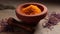 Overhead Shot of Saffron in Mortar and Pestle, Fragrant Spice Preparation in Artistic Composition